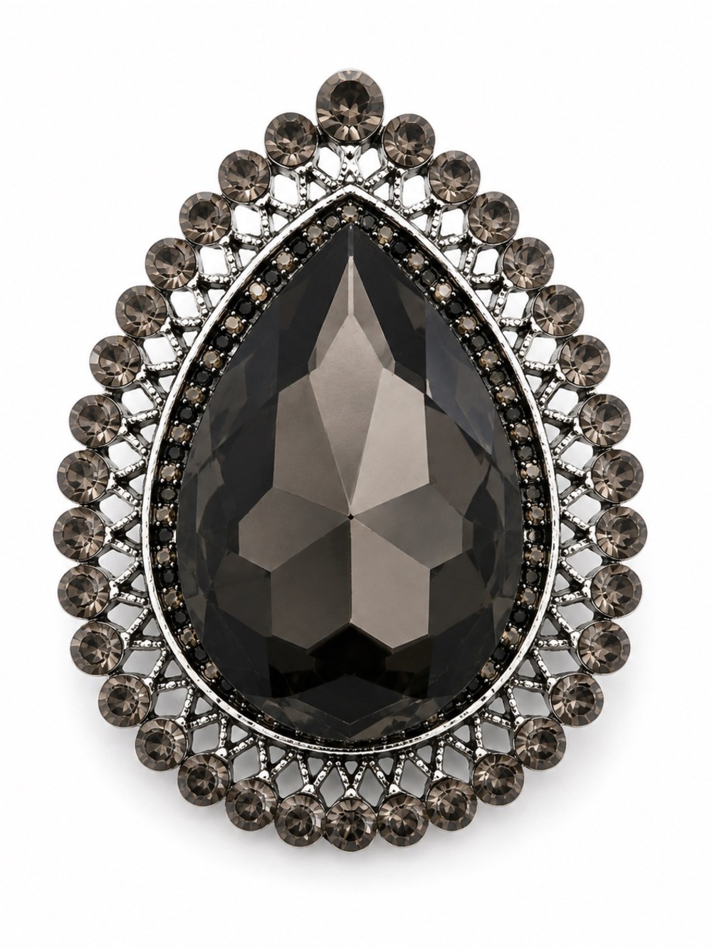 Smoky Gray Teardrop Rhinestone Brooch Silver Tone Statement Pin